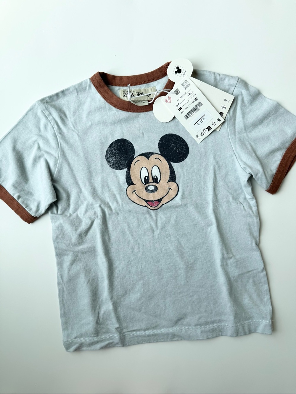 Zara x Harry Lambert size 6/7 Light Blue and Brown Mickey Mouse Ringer T-Shirt